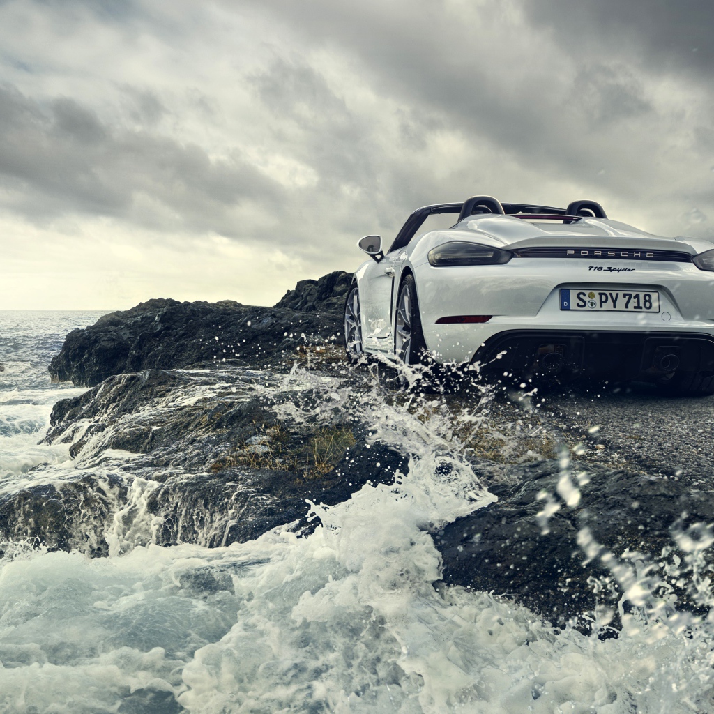 Автомобиль Porsche 718 Spyder, 2019 года стоит у воды