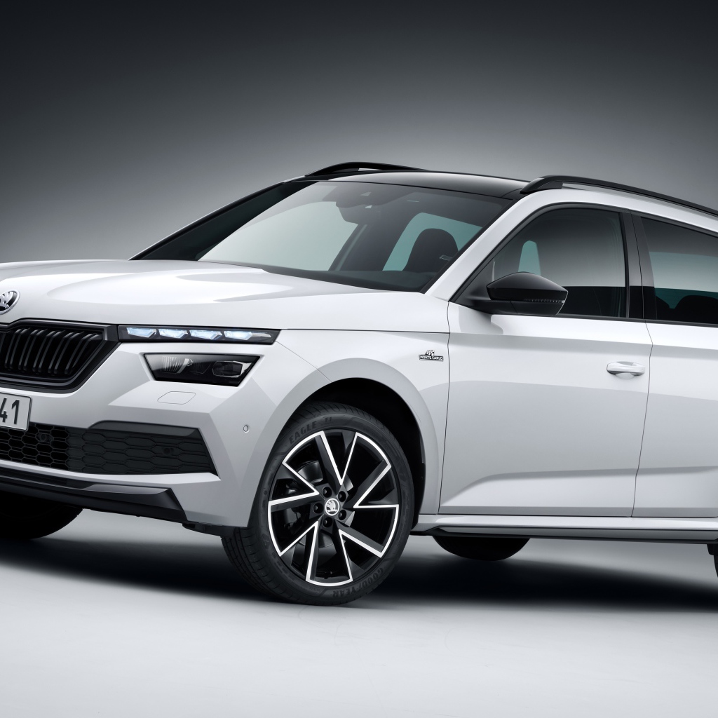 Внедорожник Skoda Kamiq Monte 2019 года на сером фоне