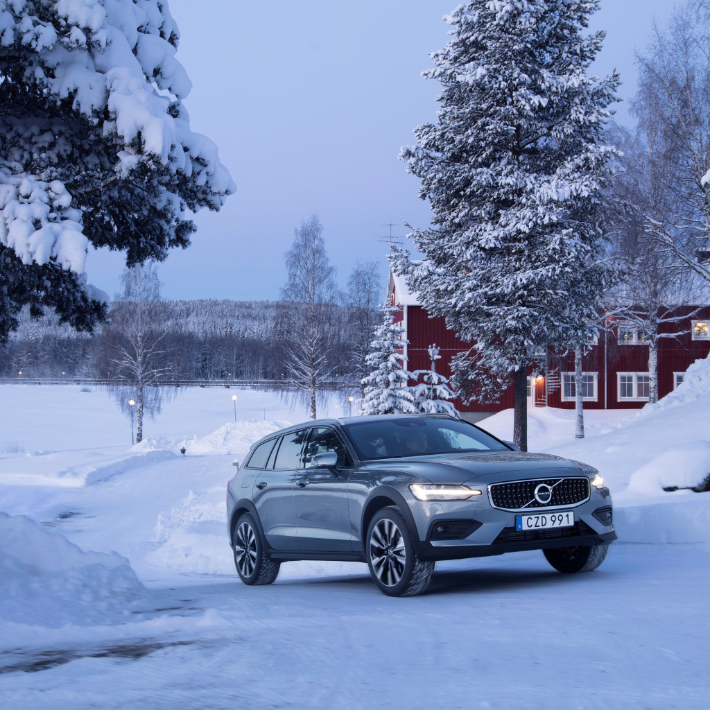 Автомобиль Volvo V60 на фоне заснеженных деревьев 