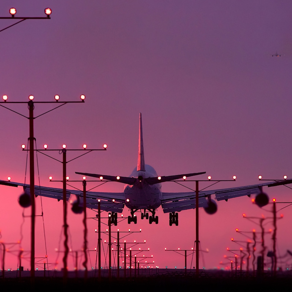 A passenger plane is landing at sunset