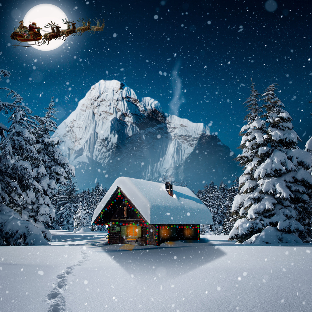 Санта Клаус пролетает над заснеженным домом на Рождество