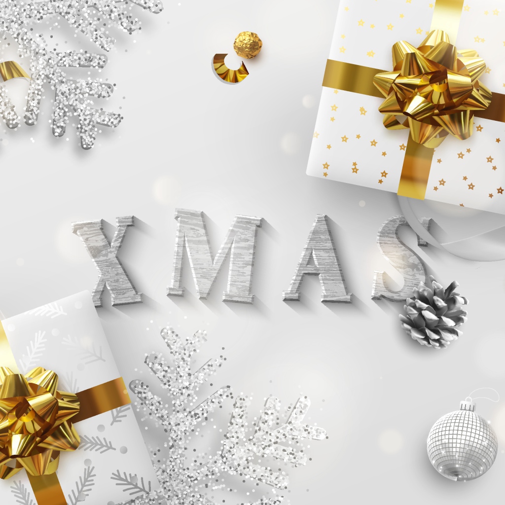 Два подарка и снежинки на Рождество 