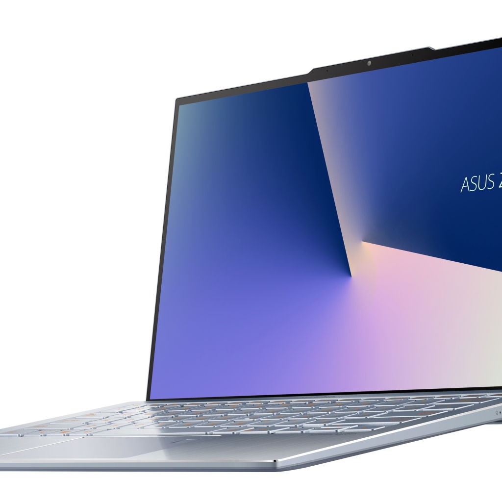 Ультратонкий безрамочный ноутбук ASUS Zenbook S13 на белом фоне, CES 2019