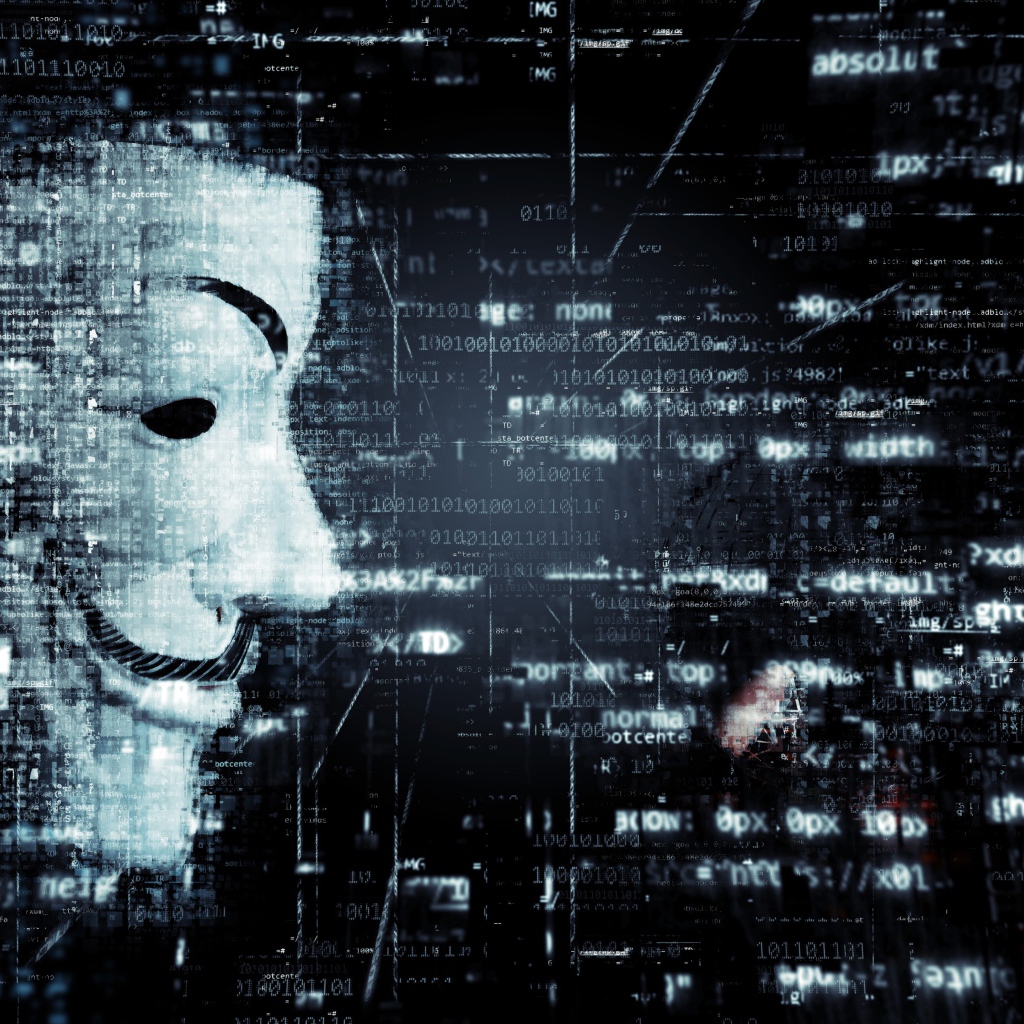 Маска хакера анонимуса на фоне числового кода