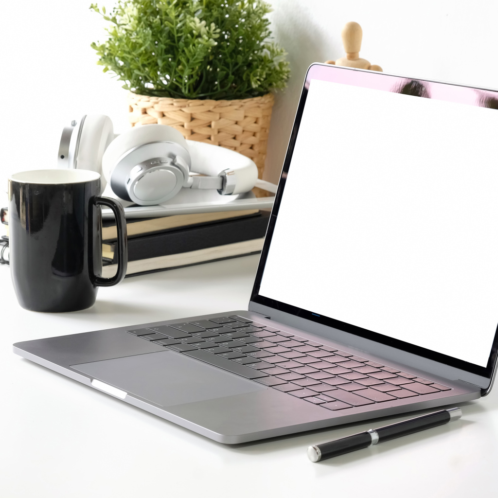 Laptop desktop with a cup