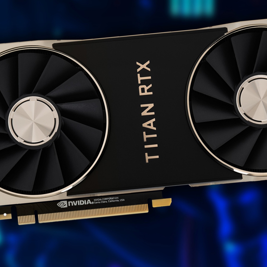 Новая видеокарта Nvidia Titan RTX на синем фоне крупным планом