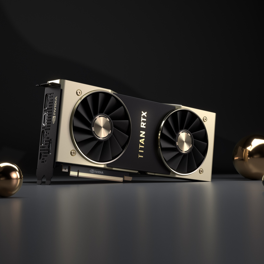 Мощная видеокарта Nvidia Titan RTX на сером фоне