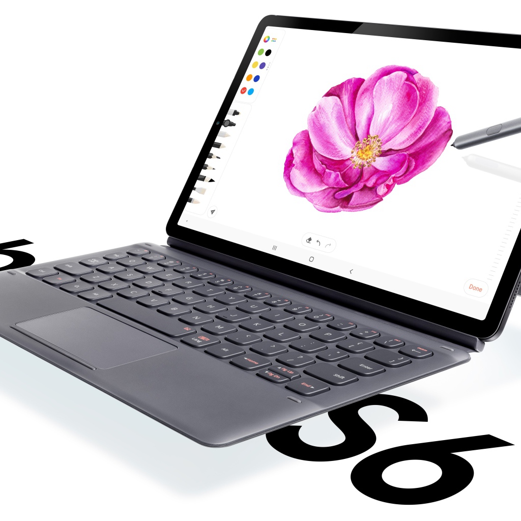 Samsung Galaxy Tab S6 tablet on a white background with a keyboard