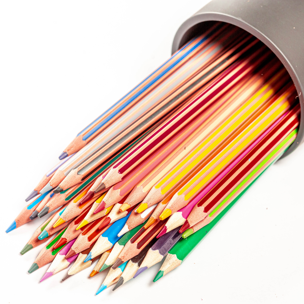 Много разных карандашей в пенале на белом фоне