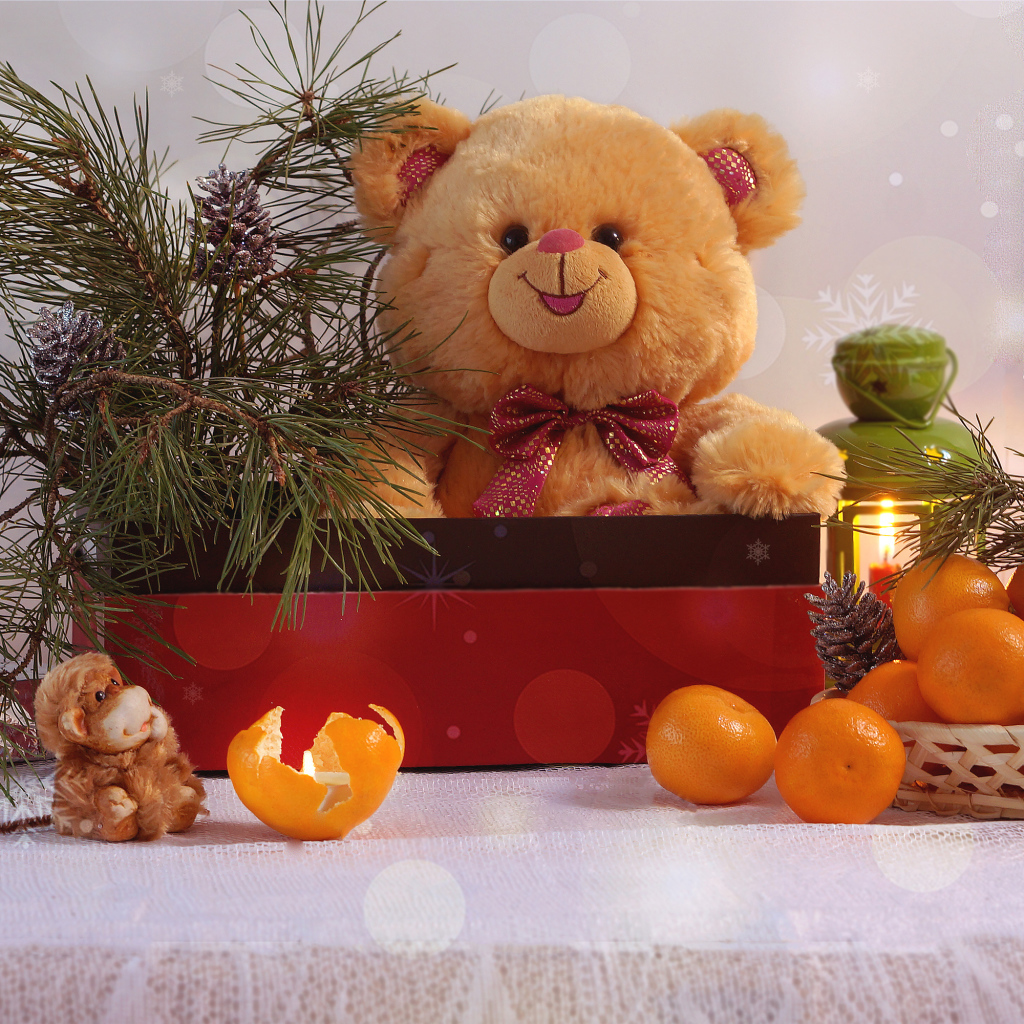 Медвежонок Тедди в коробке с еловой веткой на столе с мандаринами 