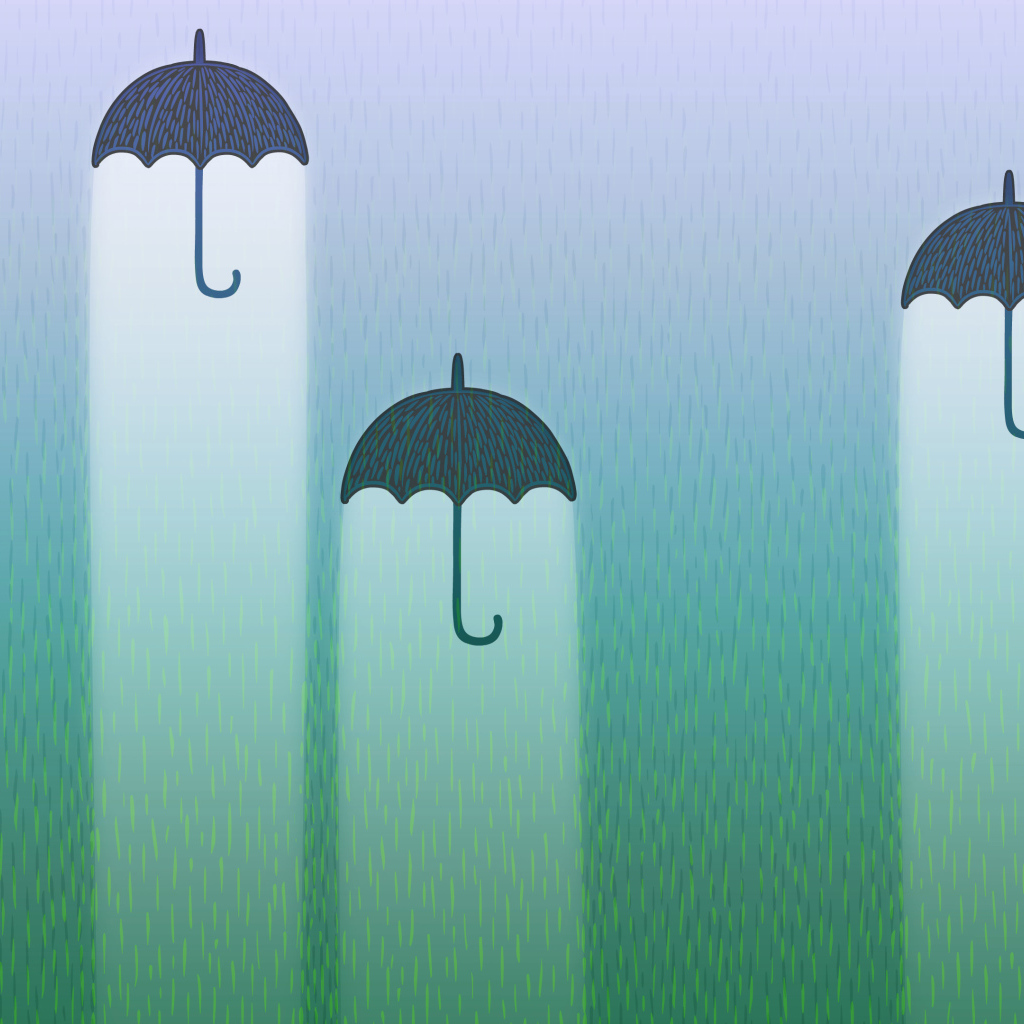 Три черных зонтика со светом на фоне дождя