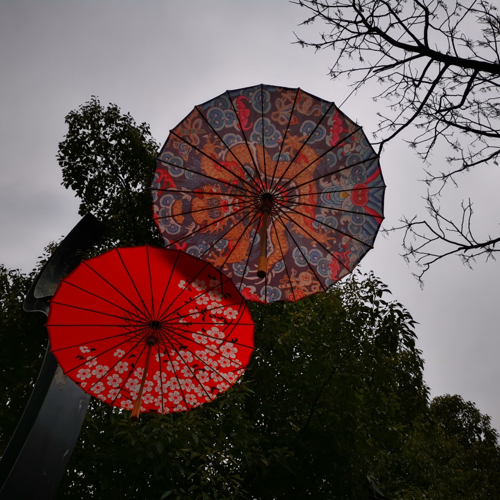 Два разноцветных японских зонтика на фоне неба