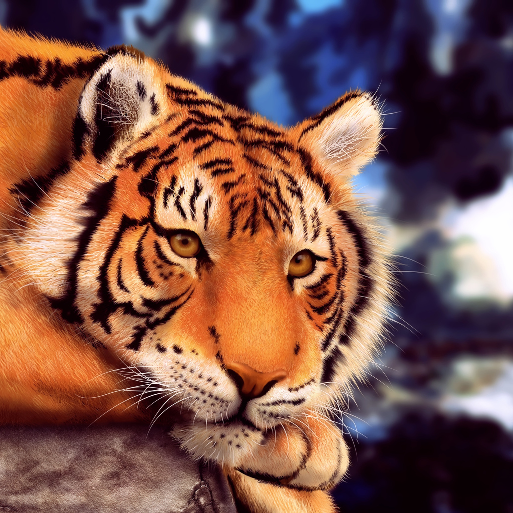 Большой нарисованный тигр лежит на камне