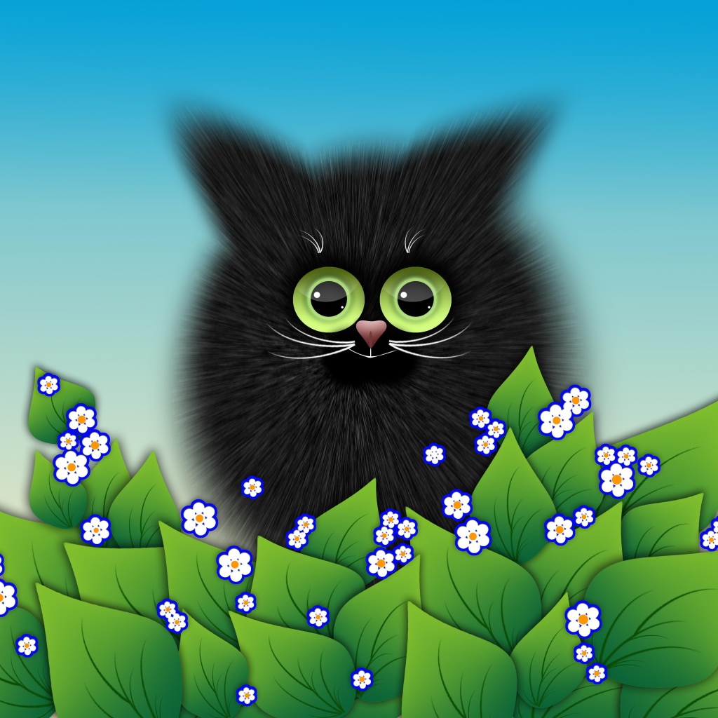Черный котенок с зелеными листьями векторный рисунок