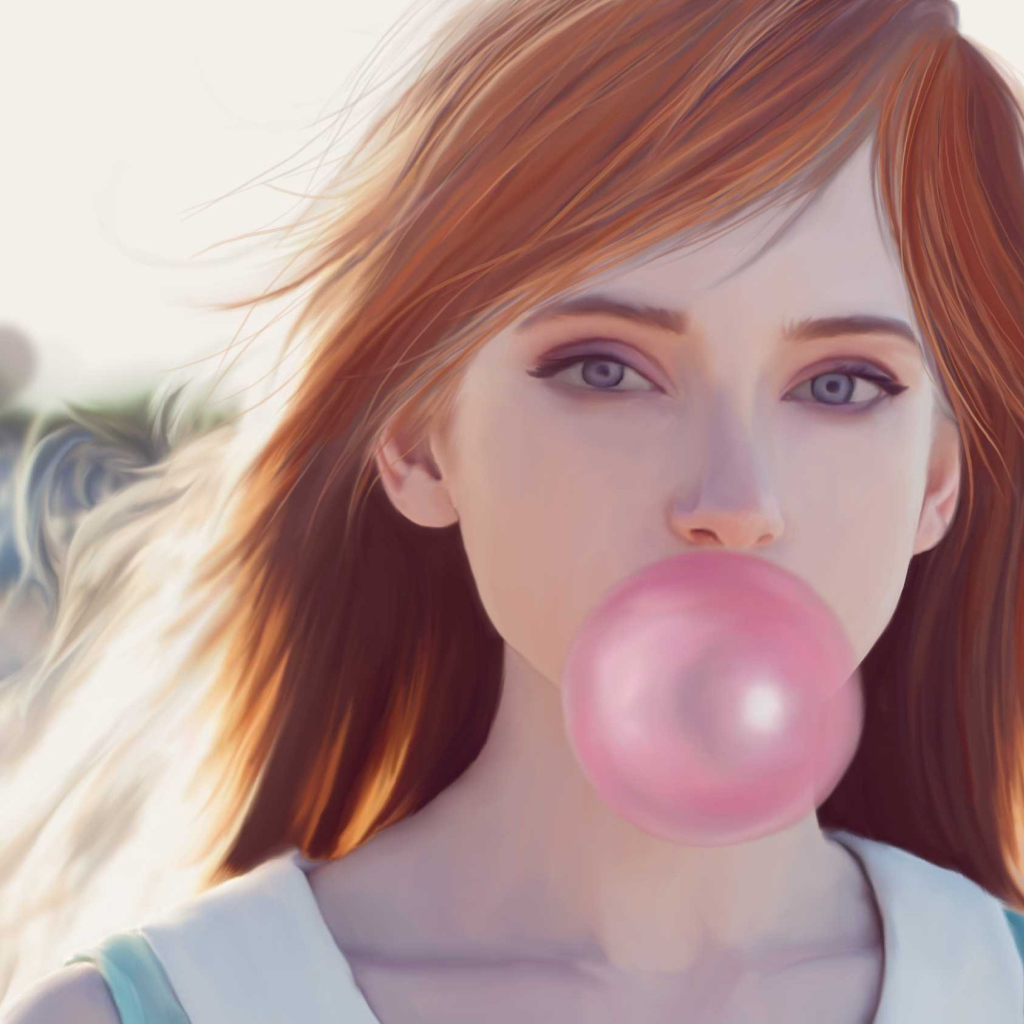 Drawn girl with chewing gum in mouth
