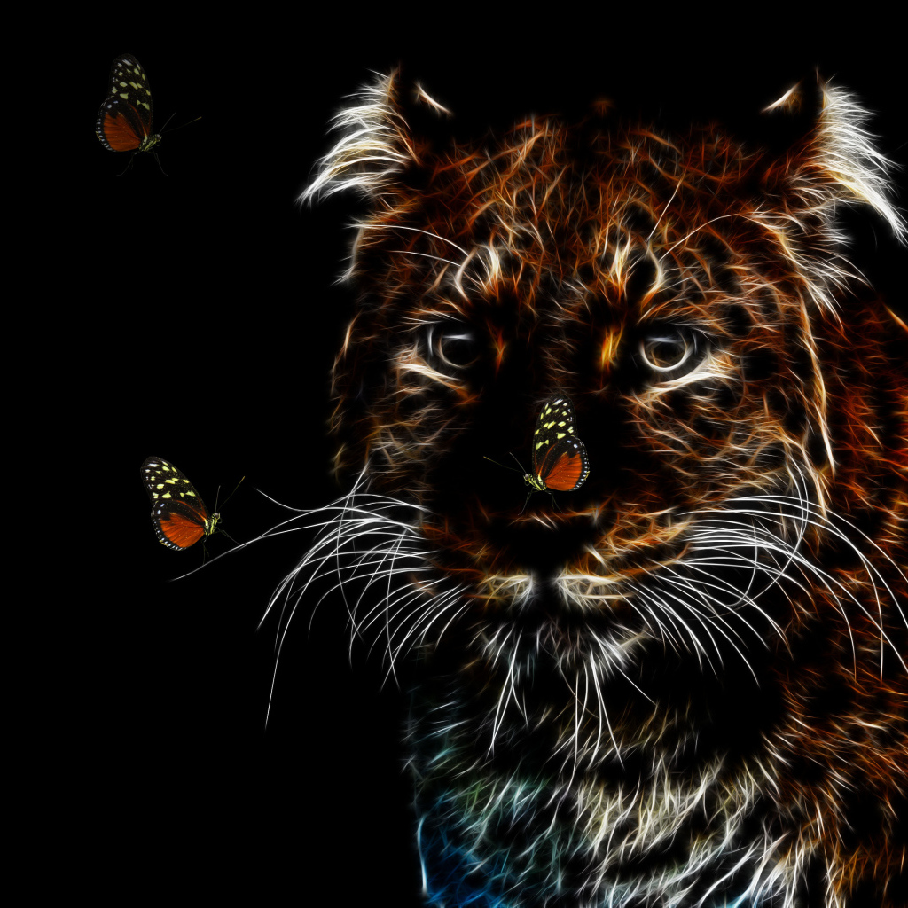 Нарисованный неоновый леопард с бабочками на черном фоне