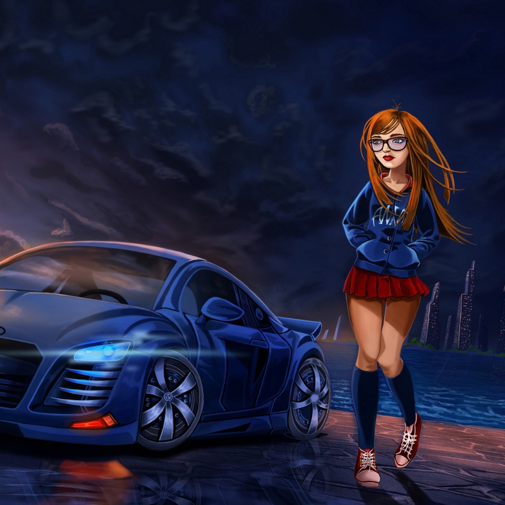 Нарисованная девушка в короткой юбке у автомобиля ауди