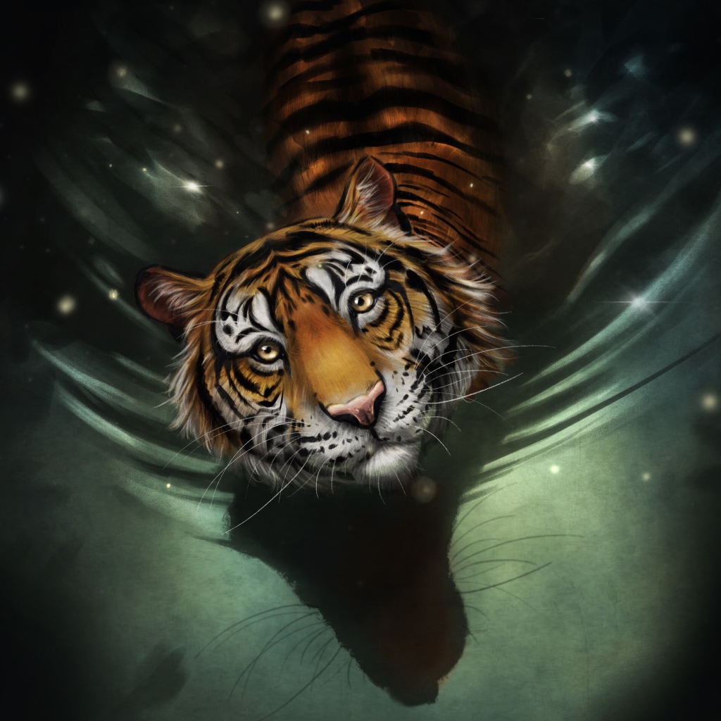 Нарисованный полосатый тигр стоит в воде