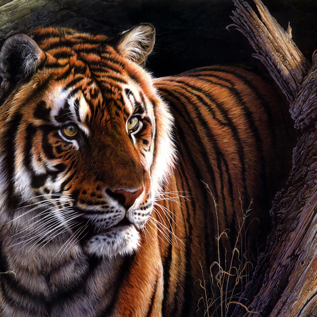 Нарисованный тигр у дерева