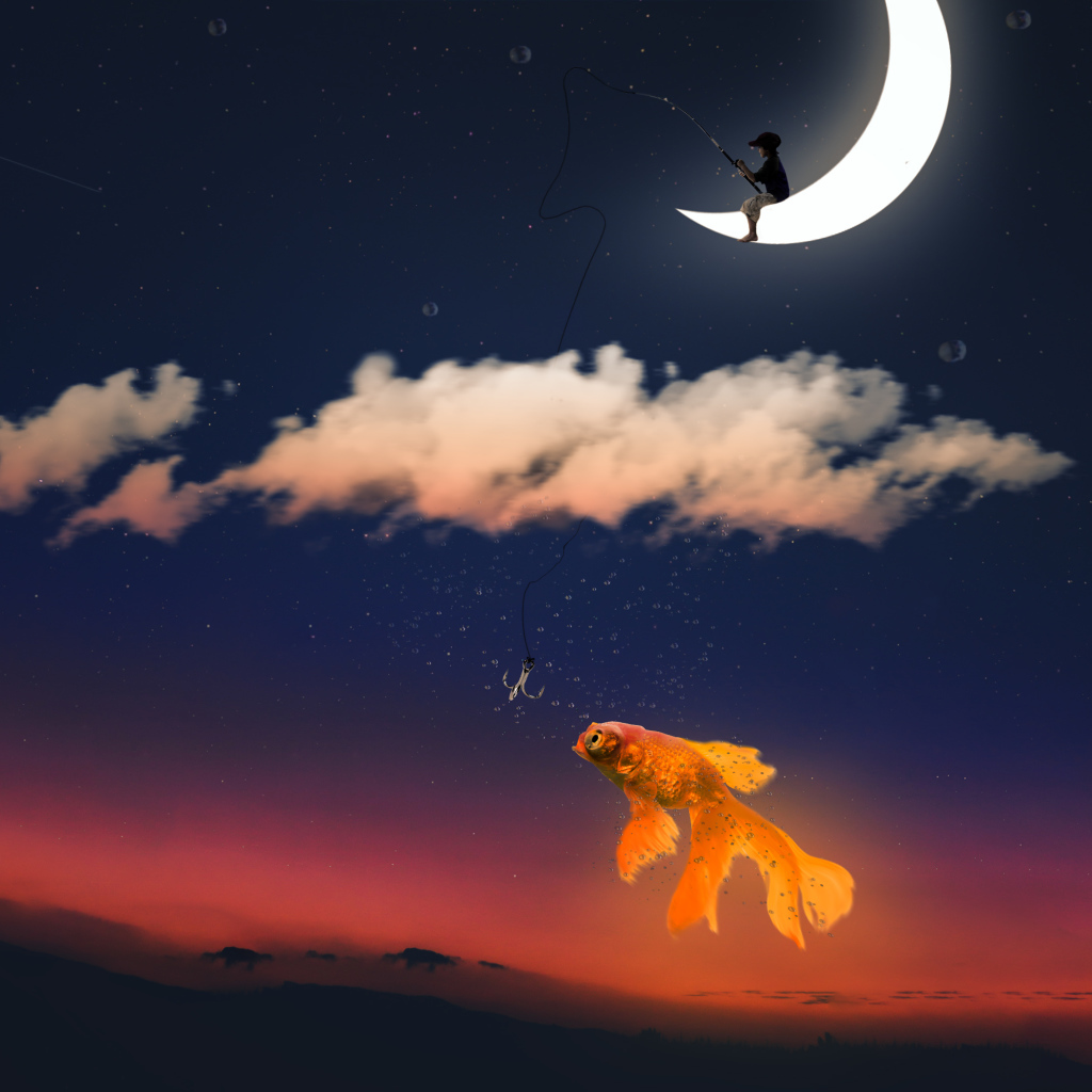 Мальчик на месяце ловит золотую рыбку фэнтези
