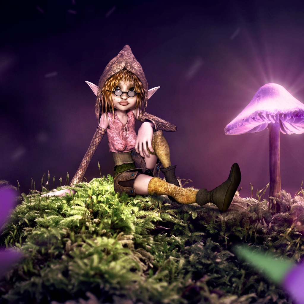 Фантастический эльф сидит на покрытой мхом земле с неоновыми грибами