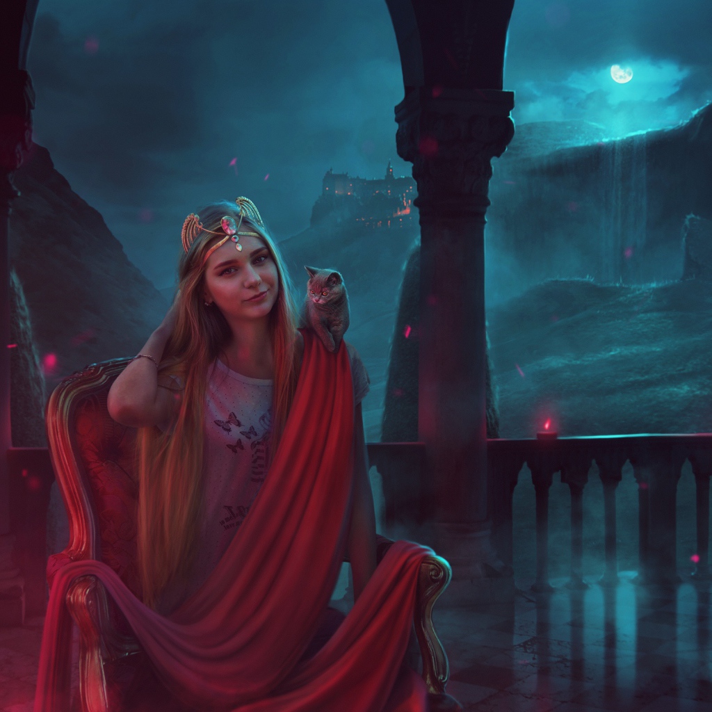 Фантастическая девушка с серым котенком на плече