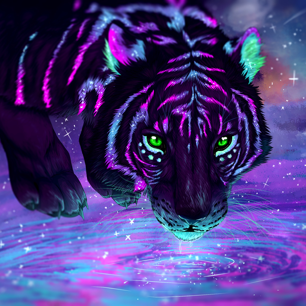 Фантастический неоновый тигр пьет воду