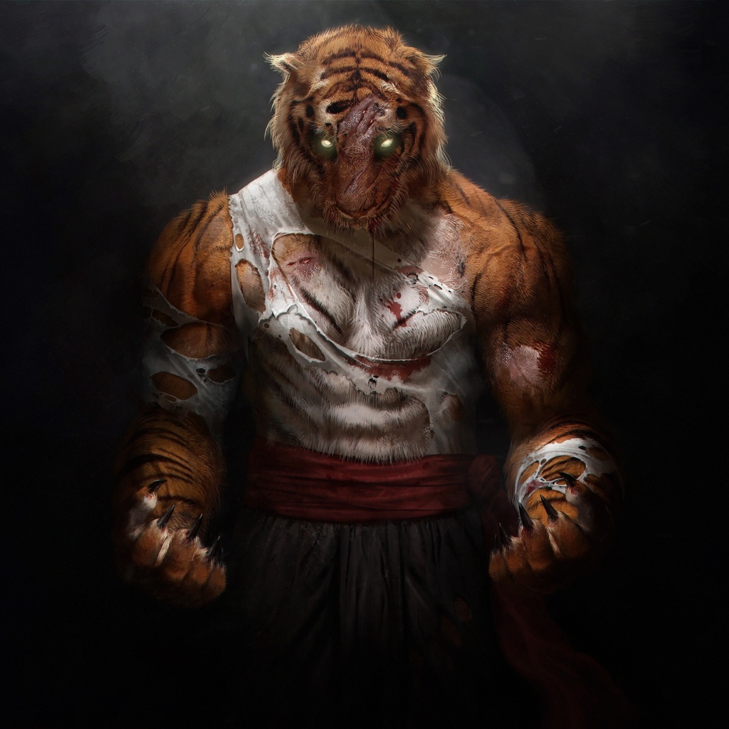 Fantastic tiger warrior on a gray background.