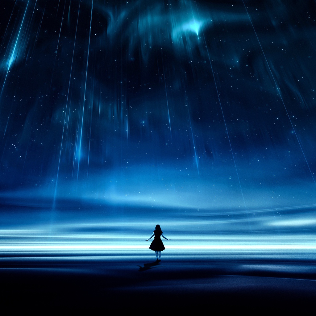 Девушка под фантастическим звездопадом в красивом небе