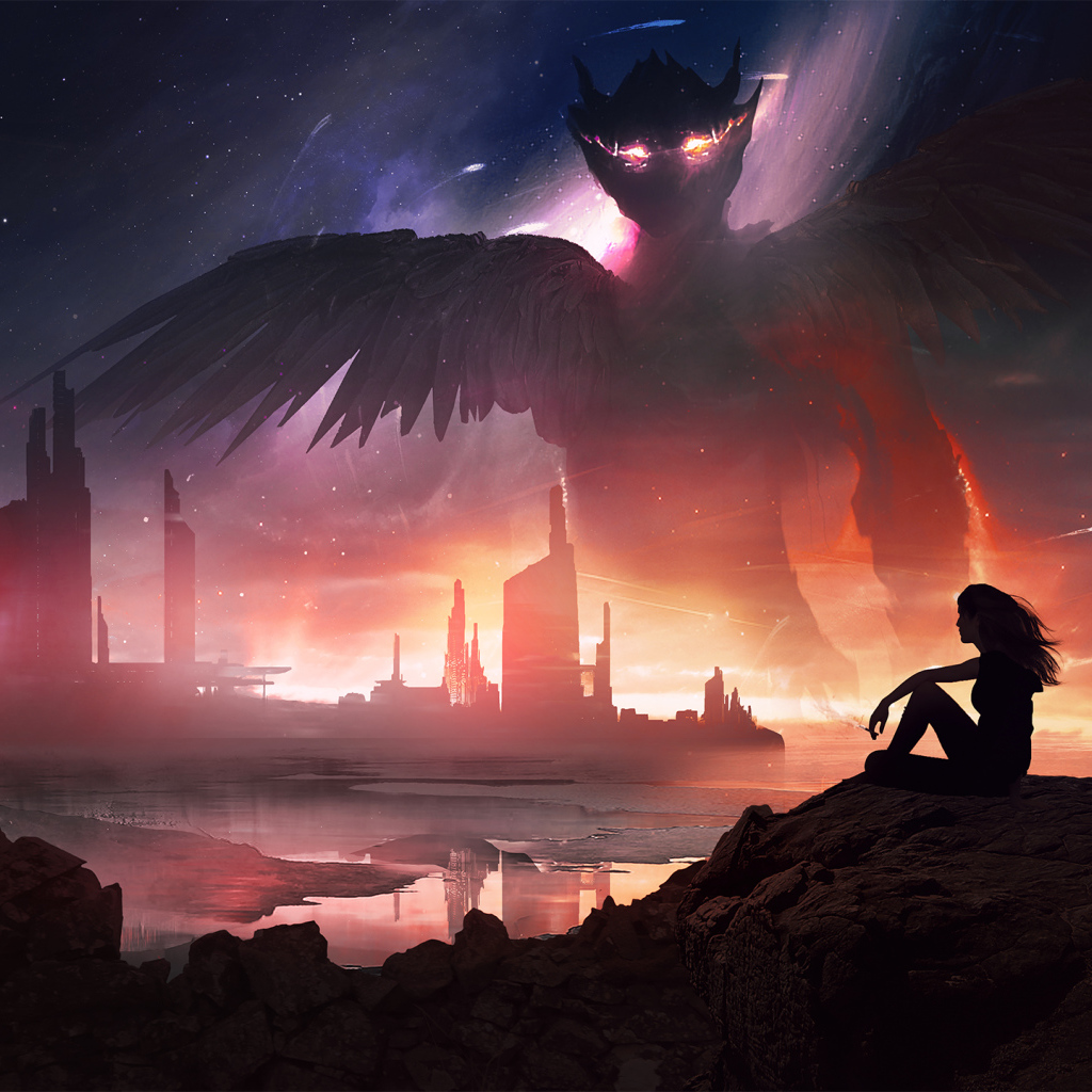 Девушка на камне на фоне фантастического дракона в небе 