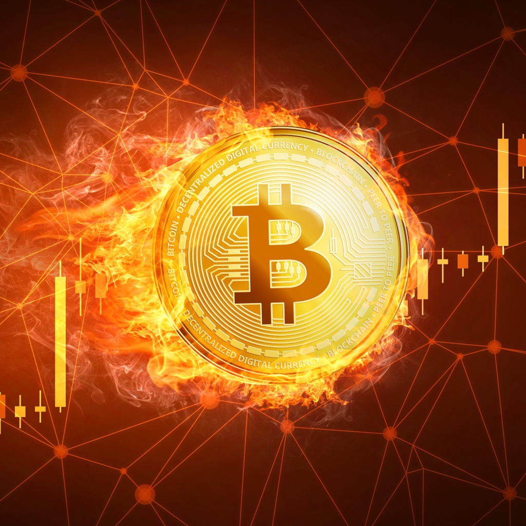 Bitcoin coin on fire in the background of the network