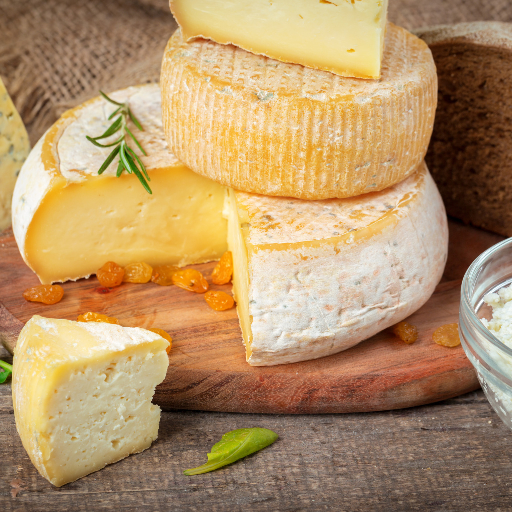 Сыр с плесенью на столе с хлебом и творогом