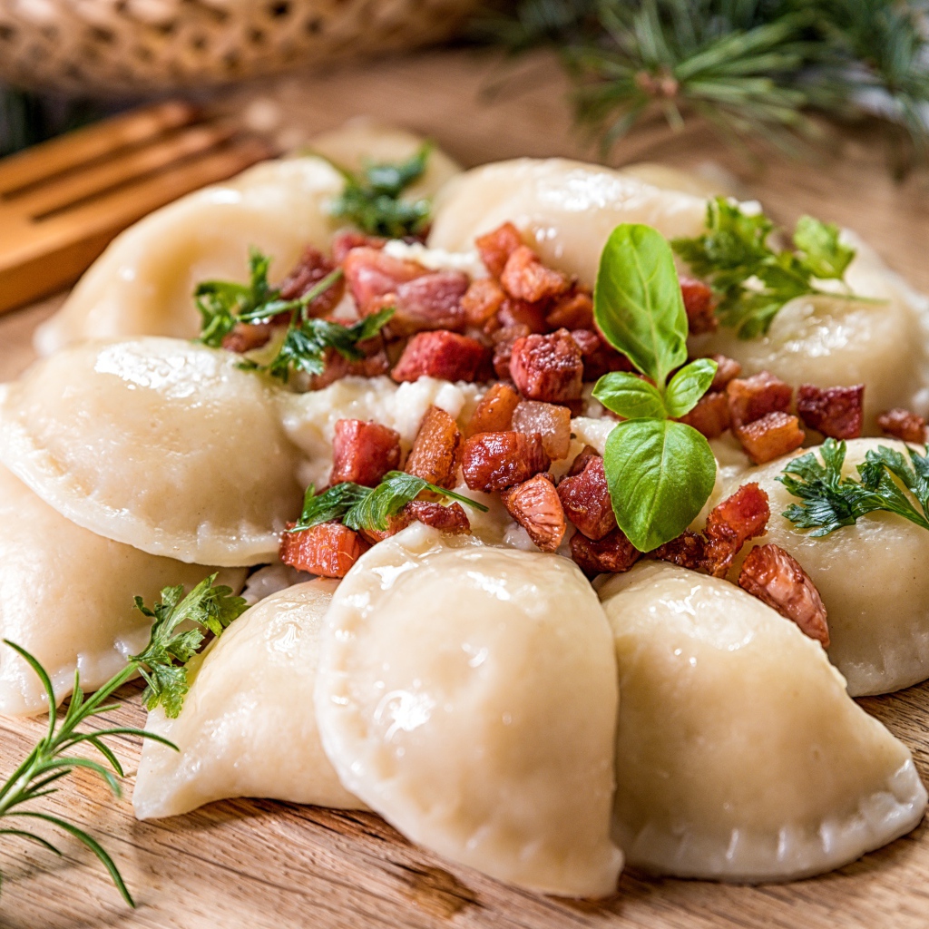 Вареники на доске с выжарками 