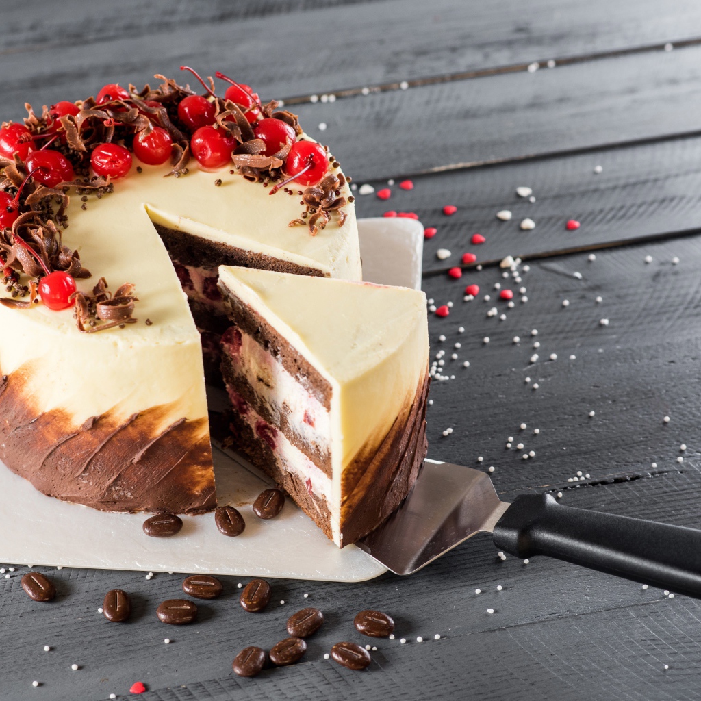 Аппетитный праздничный торт с шоколадом и ягодами вишни 