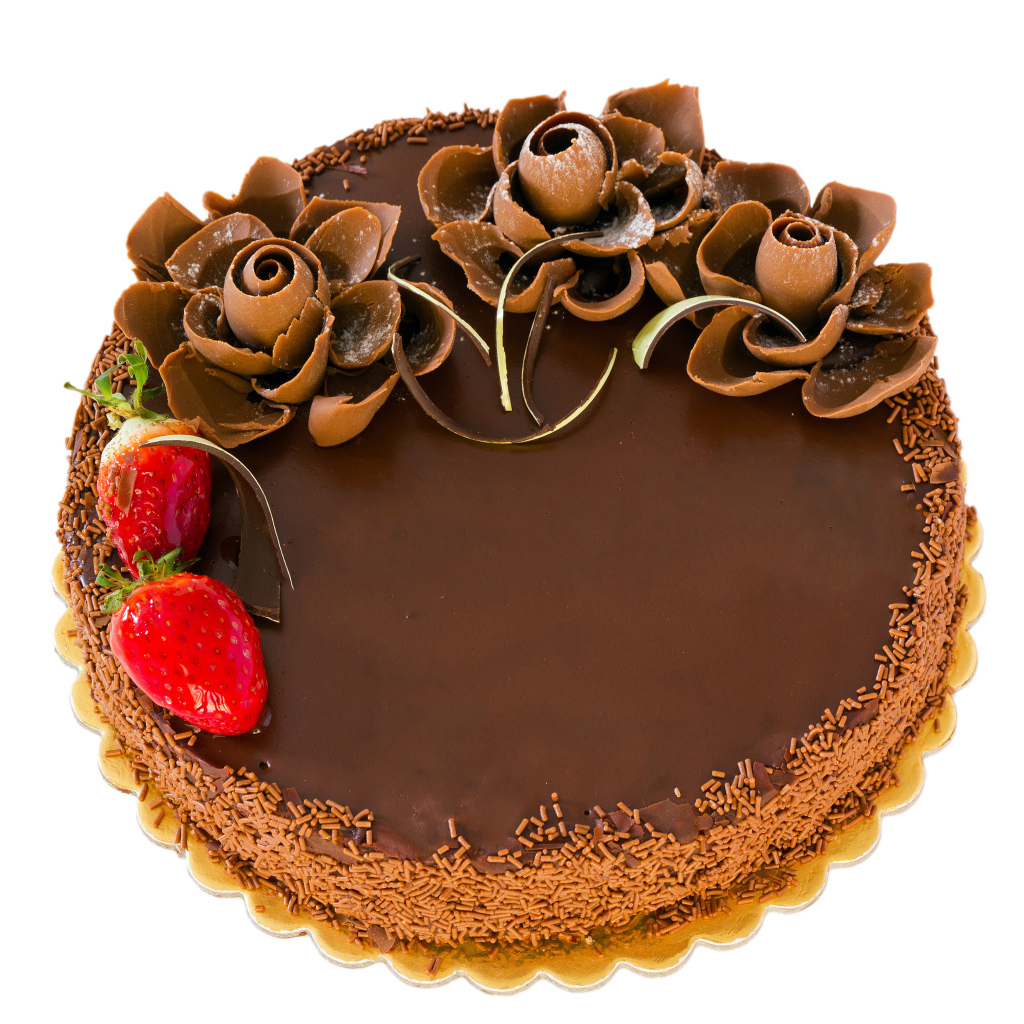 Красивый торт с шоколадными цветами на белом фоне