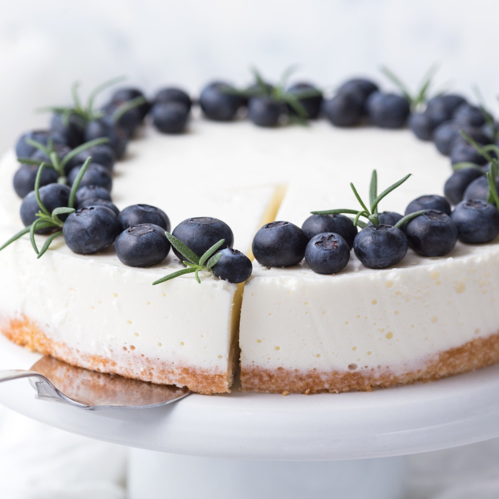 Чизкейк на блюде с ягодами черники 