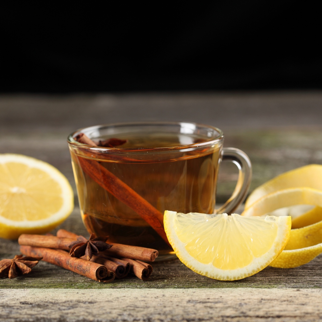 Чашка чая на столе с корицей и кусочками лимона 