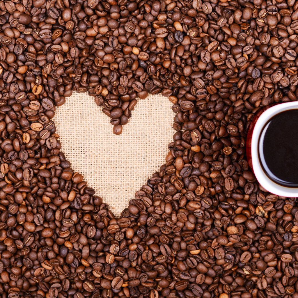 Чашка с кофе стоит на кофейных зернах 