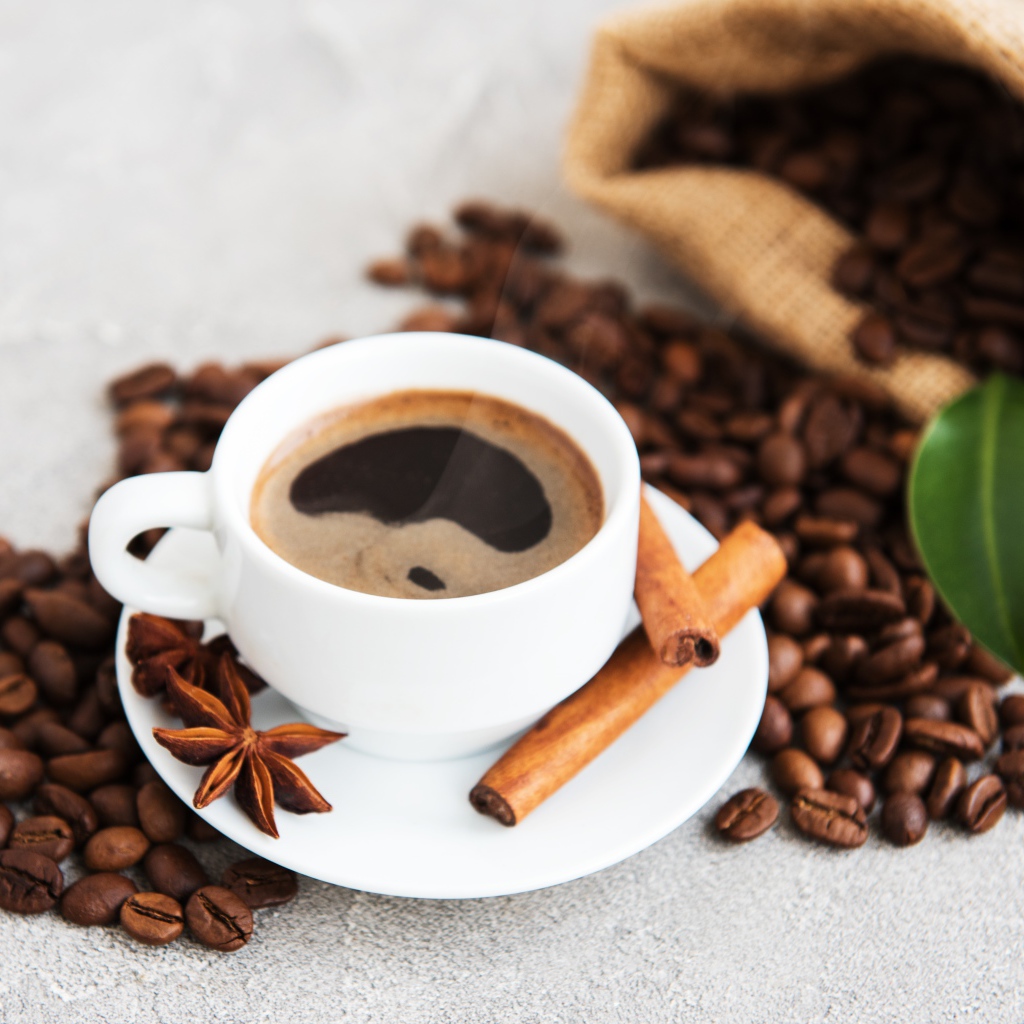 Чашка кофе с корицей, бадьяном и кофейными зернами