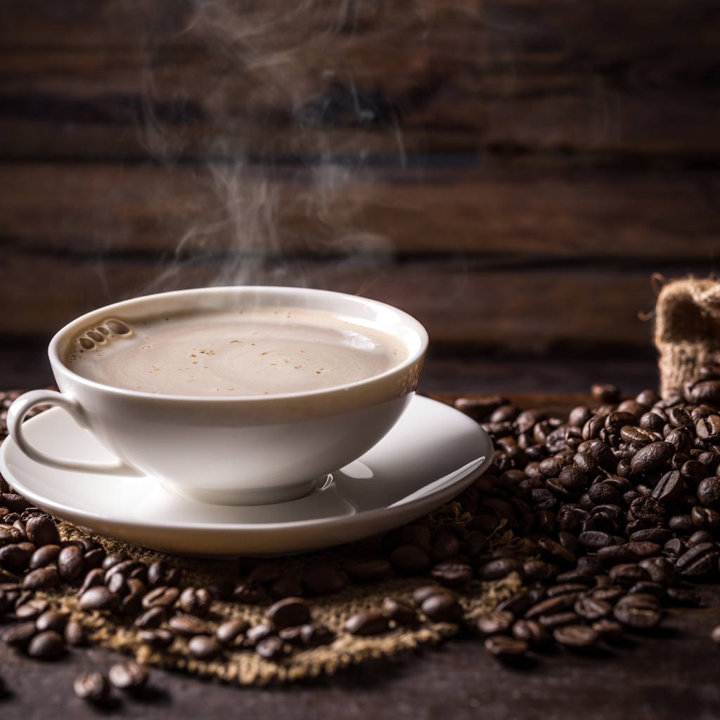 Чашка горячего ароматного кофе на столе с зернами