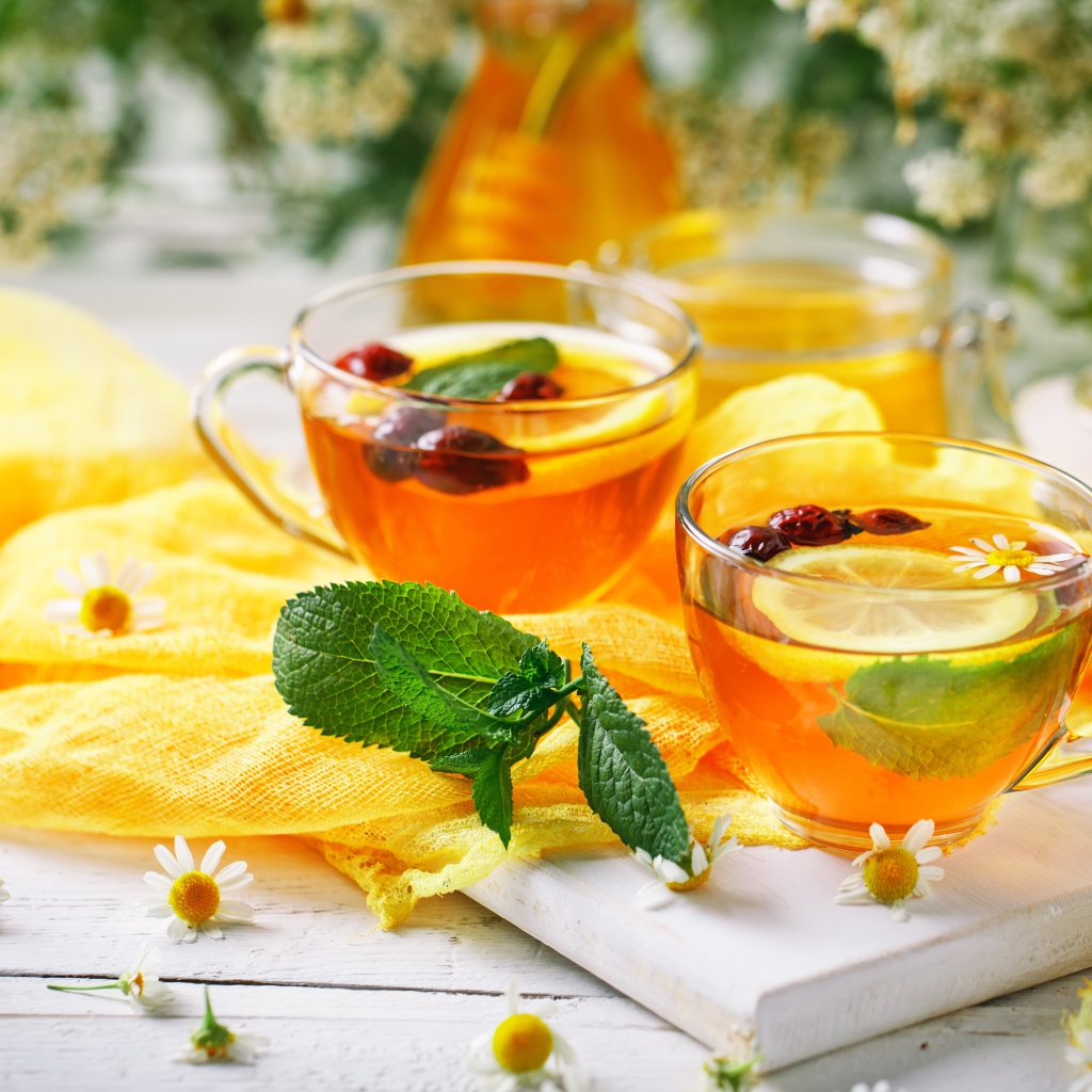 Две стеклянные чашки чая с лимоном, мятой и шиповником