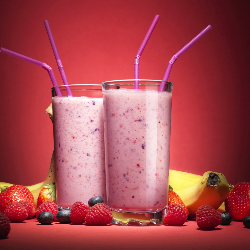Два стакана смузи на розовом фоне с ягодами и бананами 