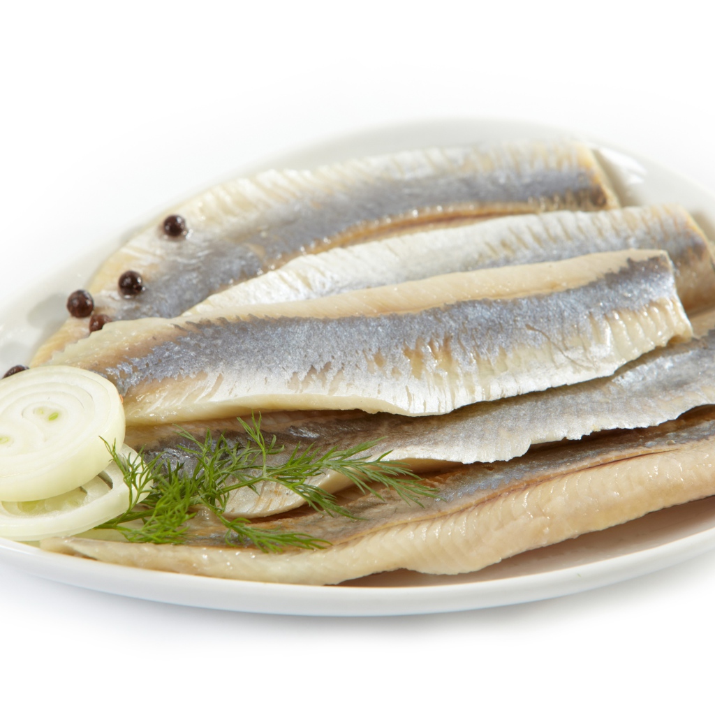 Филе сельди на белом фоне с репчатым луком