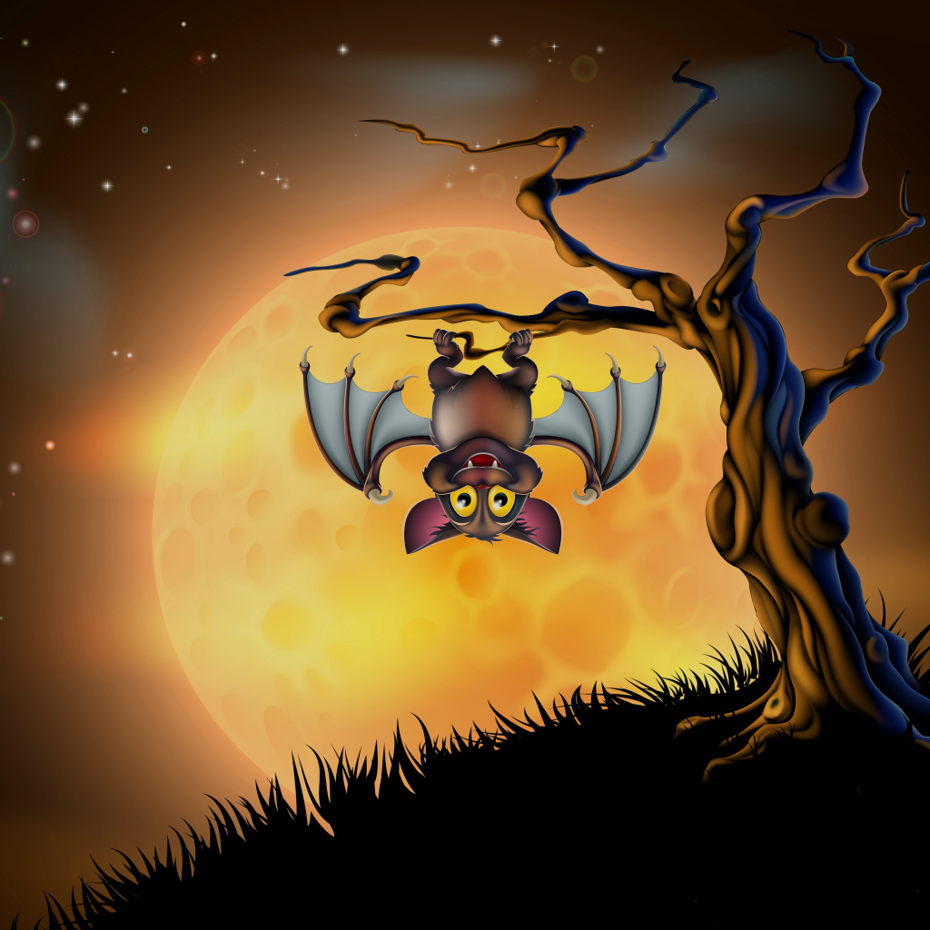 Смешная летучая мышь на дереве на фоне луны