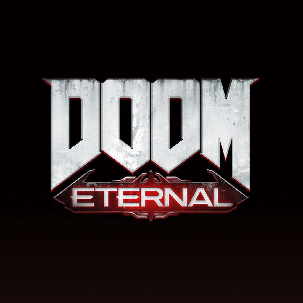 Логотип новой компьютерной игры DOOM Eternal на черном фоне