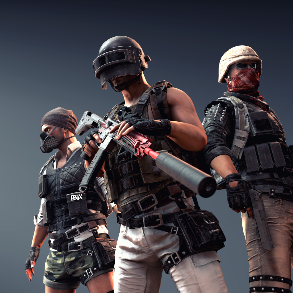 Персонажи компьютерной игры  PUBG на сером фоне