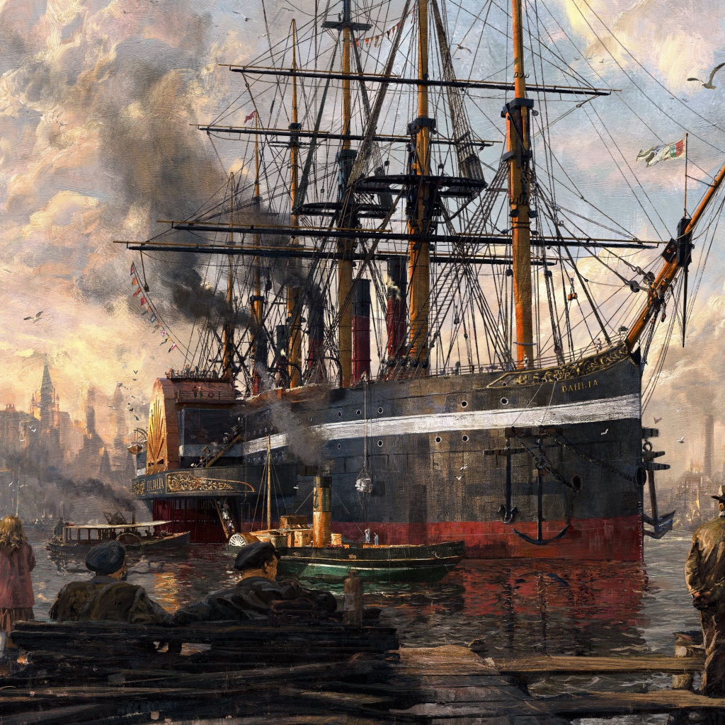 Корабль в порту кадр компьютерной игры Anno 1800, 2019 года
