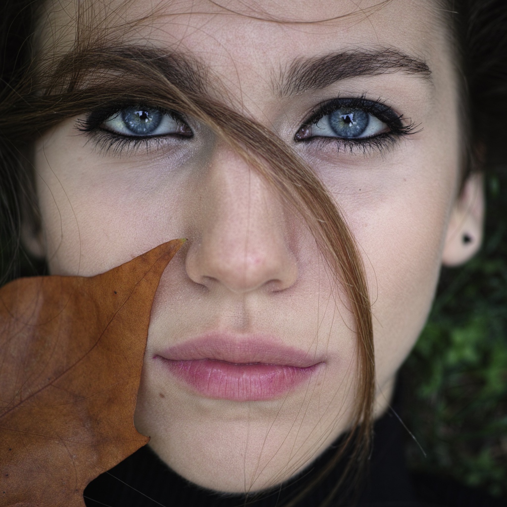 Красивая голубоглазая девушка с желтым листом у лица