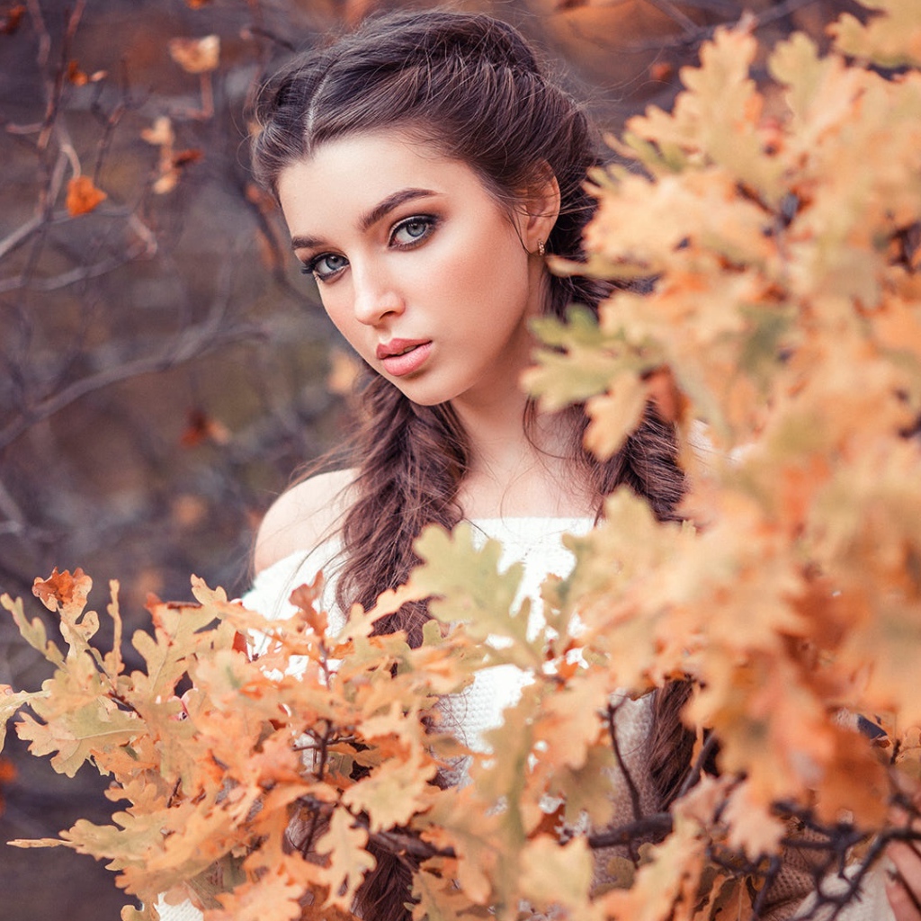 Красивая девушка с косами на фоне желтых листьев 