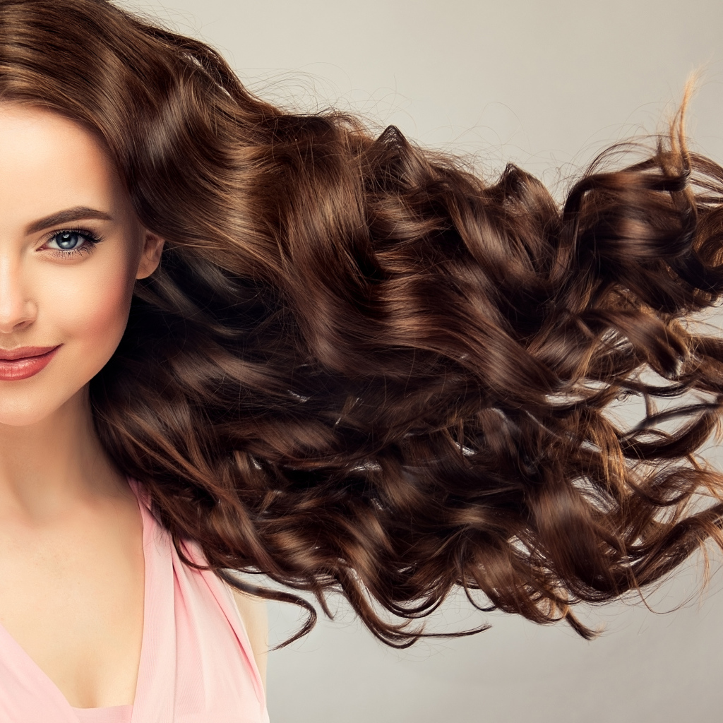 Beautiful long hair girl on a gray background